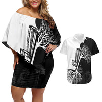 Black and White Disc Golf Tree Graphic Couples Matching Off Shoulder Short Dress and Hawaiian Shirt with Roots Silhouette and Custom Name Design - Wonder Print Shop