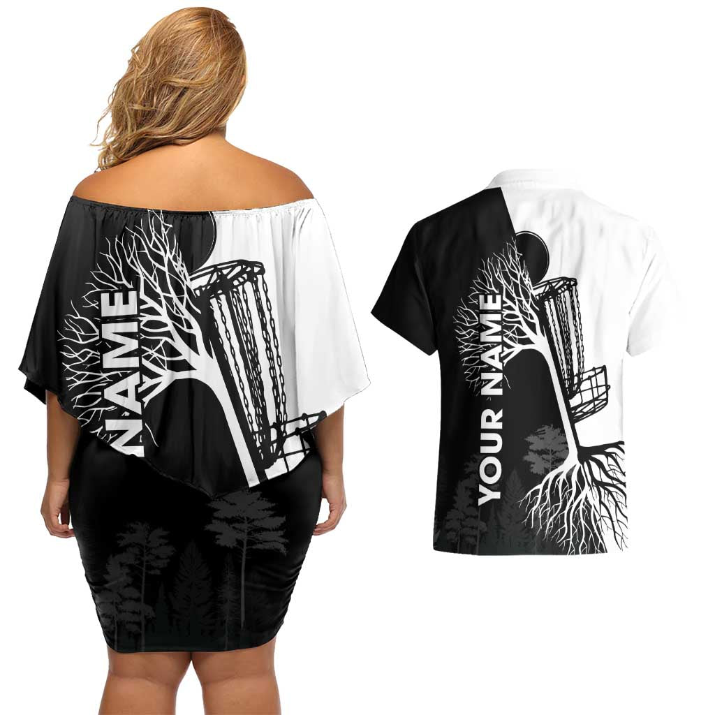 Black and White Disc Golf Tree Graphic Couples Matching Off Shoulder Short Dress and Hawaiian Shirt with Roots Silhouette and Custom Name Design - Wonder Print Shop