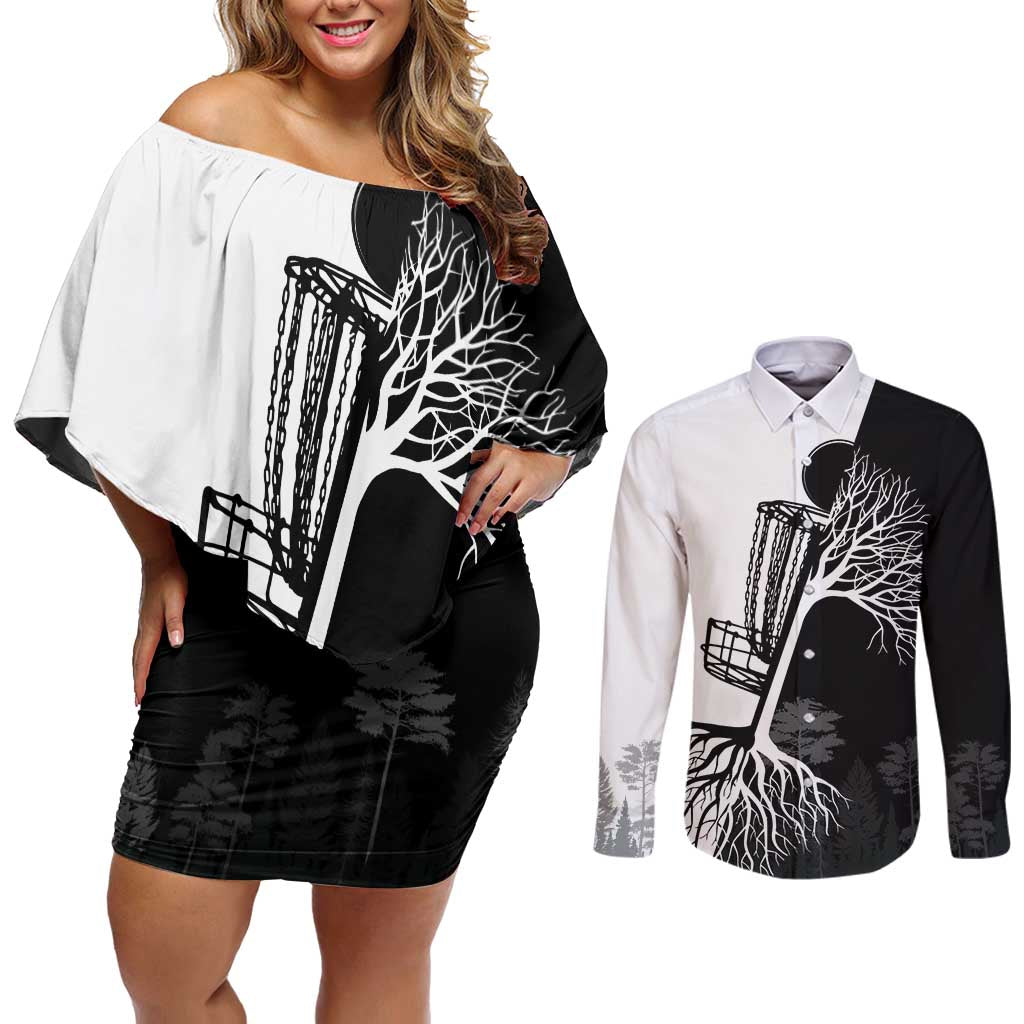 Black and White Disc Golf Tree Graphic Couples Matching Off Shoulder Short Dress and Long Sleeve Button Shirt with Roots Silhouette and Custom Name Design - Wonder Print Shop