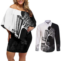 Black and White Disc Golf Tree Graphic Couples Matching Off Shoulder Short Dress and Long Sleeve Button Shirt with Roots Silhouette and Custom Name Design - Wonder Print Shop