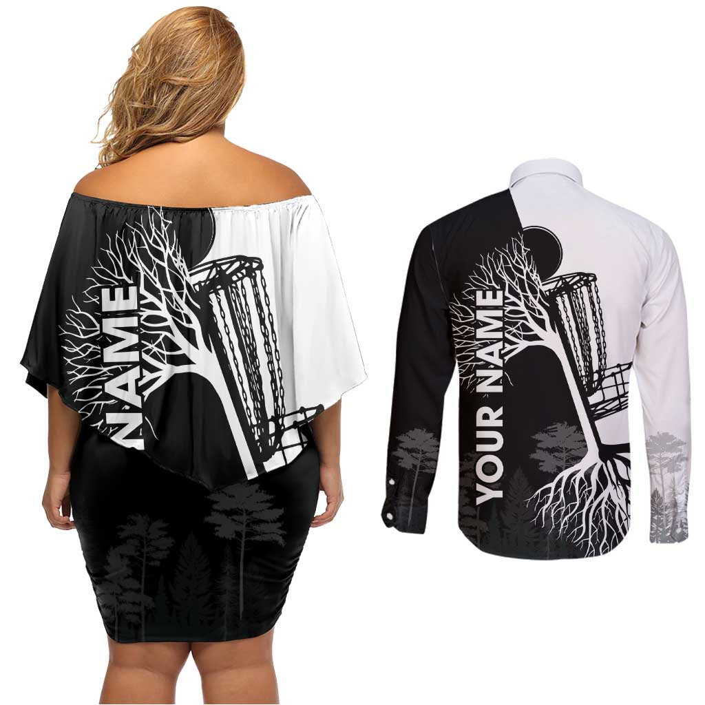 Black and White Disc Golf Tree Graphic Couples Matching Off Shoulder Short Dress and Long Sleeve Button Shirt with Roots Silhouette and Custom Name Design - Wonder Print Shop