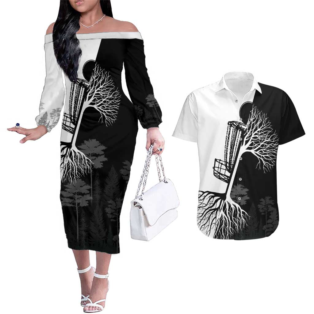 Black and White Disc Golf Tree Graphic Couples Matching Off The Shoulder Long Sleeve Dress and Hawaiian Shirt with Roots Silhouette and Custom Name Design - Wonder Print Shop