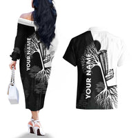 Black and White Disc Golf Tree Graphic Couples Matching Off The Shoulder Long Sleeve Dress and Hawaiian Shirt with Roots Silhouette and Custom Name Design - Wonder Print Shop