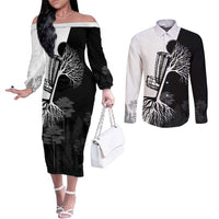 Black and White Disc Golf Tree Graphic Couples Matching Off The Shoulder Long Sleeve Dress and Long Sleeve Button Shirt with Roots Silhouette and Custom Name Design - Wonder Print Shop