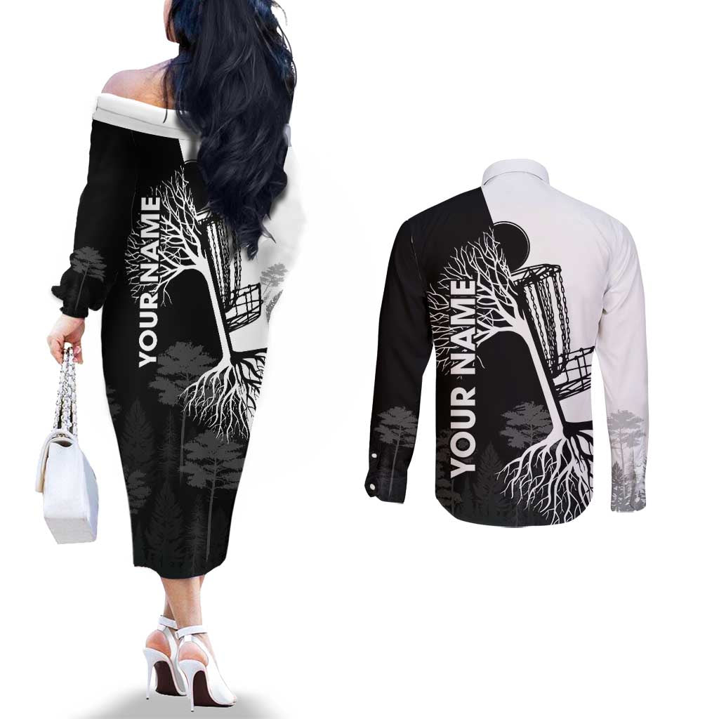 Black and White Disc Golf Tree Graphic Couples Matching Off The Shoulder Long Sleeve Dress and Long Sleeve Button Shirt with Roots Silhouette and Custom Name Design - Wonder Print Shop
