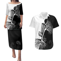 Black and White Disc Golf Tree Graphic Couples Matching Puletasi and Hawaiian Shirt with Roots Silhouette and Custom Name Design - Wonder Print Shop