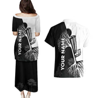 Black and White Disc Golf Tree Graphic Couples Matching Puletasi and Hawaiian Shirt with Roots Silhouette and Custom Name Design - Wonder Print Shop