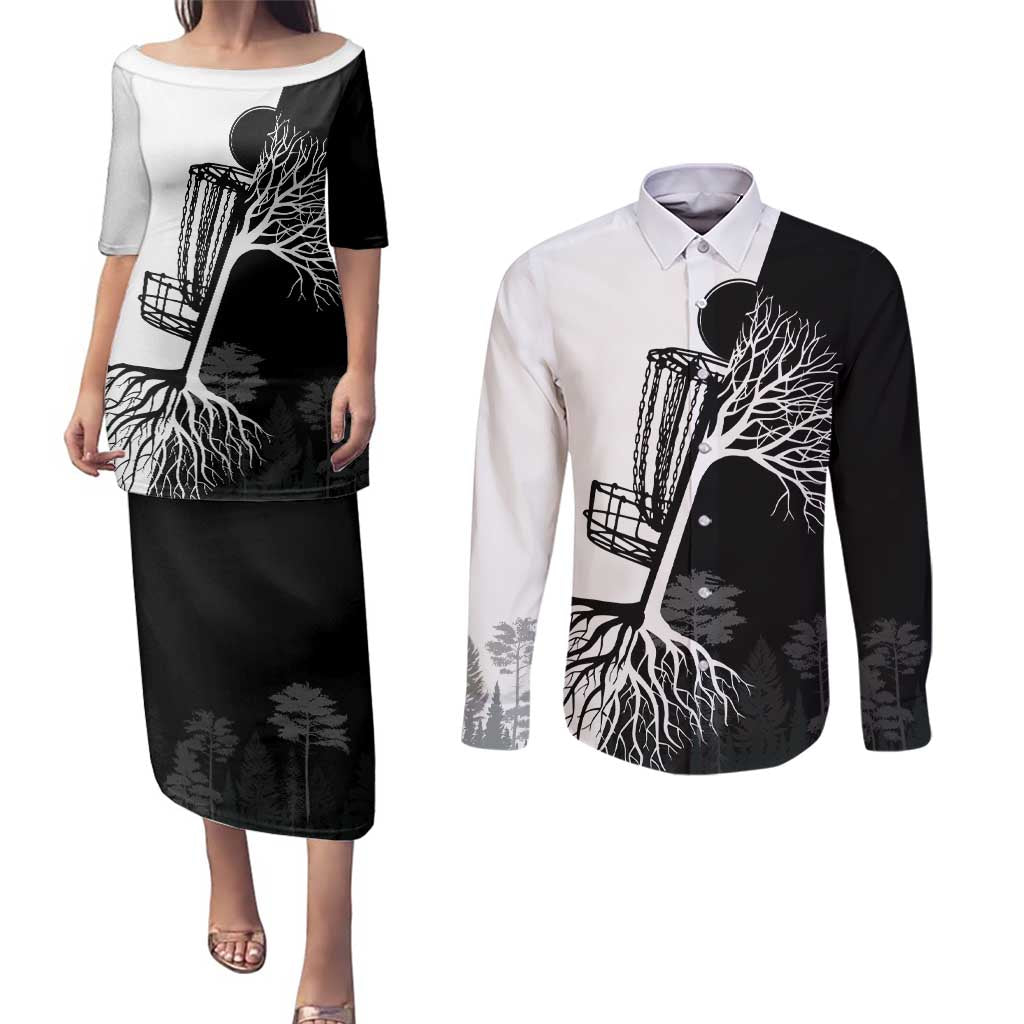 Black and White Disc Golf Tree Graphic Couples Matching Puletasi and Long Sleeve Button Shirt with Roots Silhouette and Custom Name Design - Wonder Print Shop