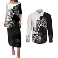 Black and White Disc Golf Tree Graphic Couples Matching Puletasi and Long Sleeve Button Shirt with Roots Silhouette and Custom Name Design - Wonder Print Shop
