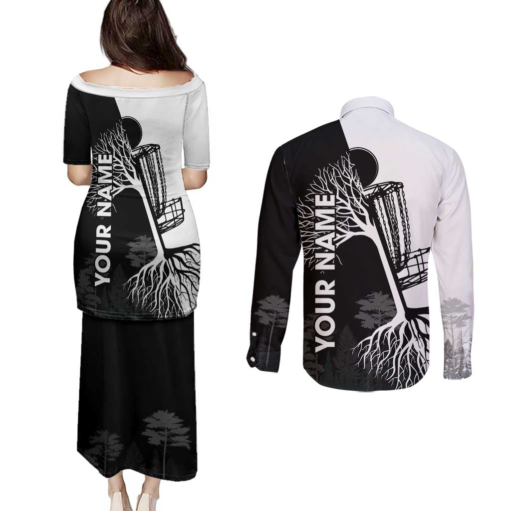 Black and White Disc Golf Tree Graphic Couples Matching Puletasi and Long Sleeve Button Shirt with Roots Silhouette and Custom Name Design - Wonder Print Shop