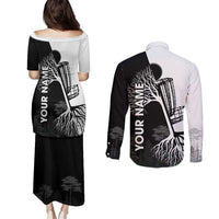 Black and White Disc Golf Tree Graphic Couples Matching Puletasi and Long Sleeve Button Shirt with Roots Silhouette and Custom Name Design - Wonder Print Shop