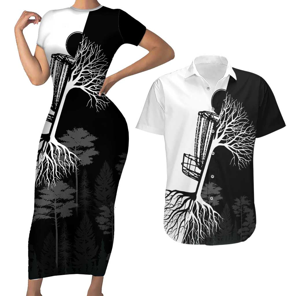Black and White Disc Golf Tree Graphic Couples Matching Short Sleeve Bodycon Dress and Hawaiian Shirt with Roots Silhouette and Custom Name Design - Wonder Print Shop