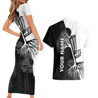 Black and White Disc Golf Tree Graphic Couples Matching Short Sleeve Bodycon Dress and Hawaiian Shirt with Roots Silhouette and Custom Name Design - Wonder Print Shop