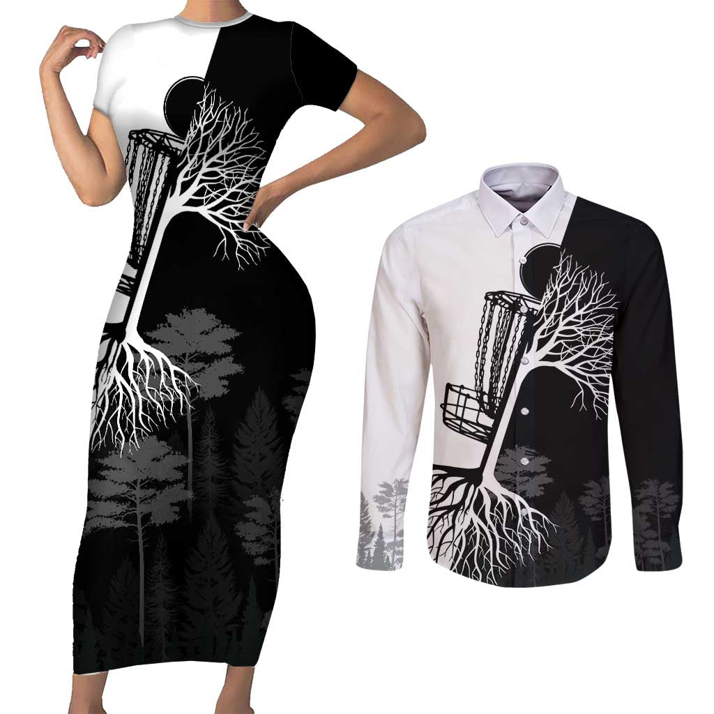 Black and White Disc Golf Tree Graphic Couples Matching Short Sleeve Bodycon Dress and Long Sleeve Button Shirt with Roots Silhouette and Custom Name Design - Wonder Print Shop
