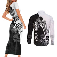 Black and White Disc Golf Tree Graphic Couples Matching Short Sleeve Bodycon Dress and Long Sleeve Button Shirt with Roots Silhouette and Custom Name Design - Wonder Print Shop