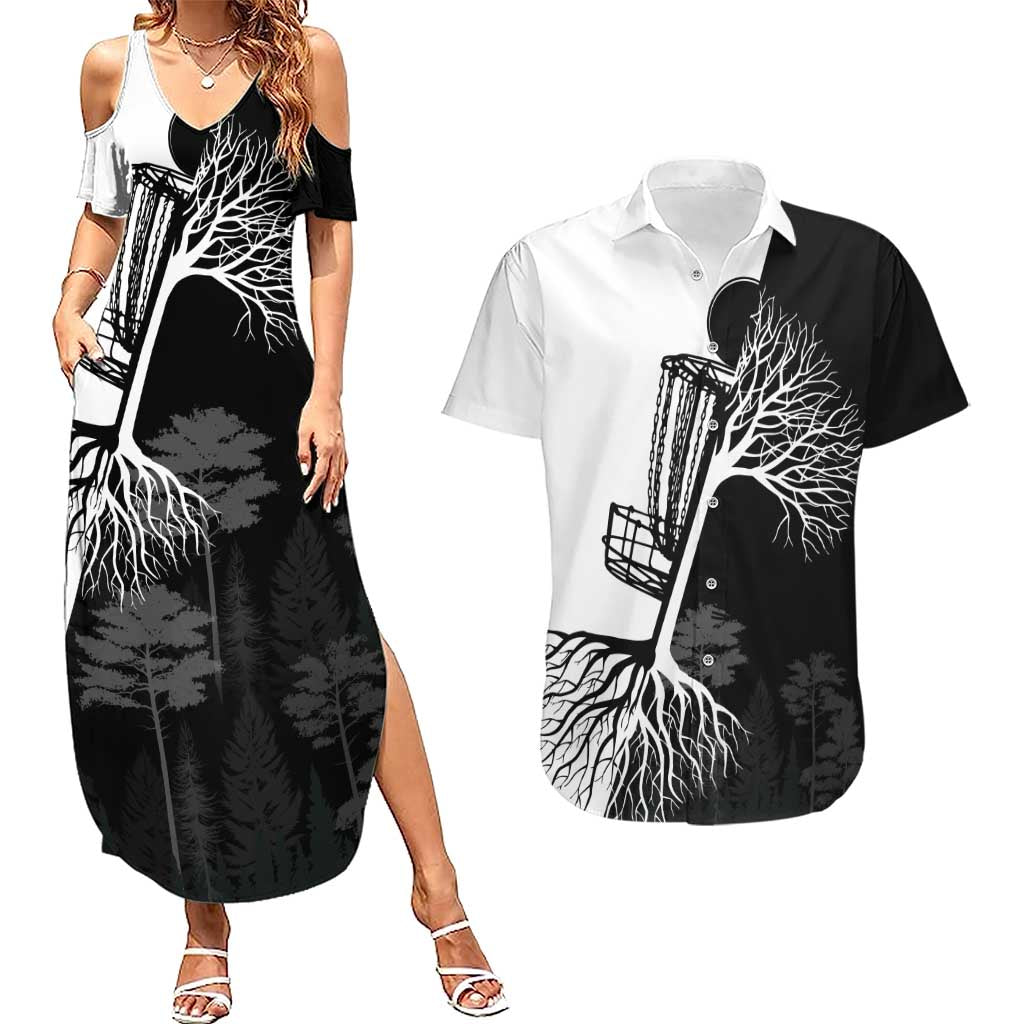 Black and White Disc Golf Tree Graphic Couples Matching Summer Maxi Dress and Hawaiian Shirt with Roots Silhouette and Custom Name Design - Wonder Print Shop