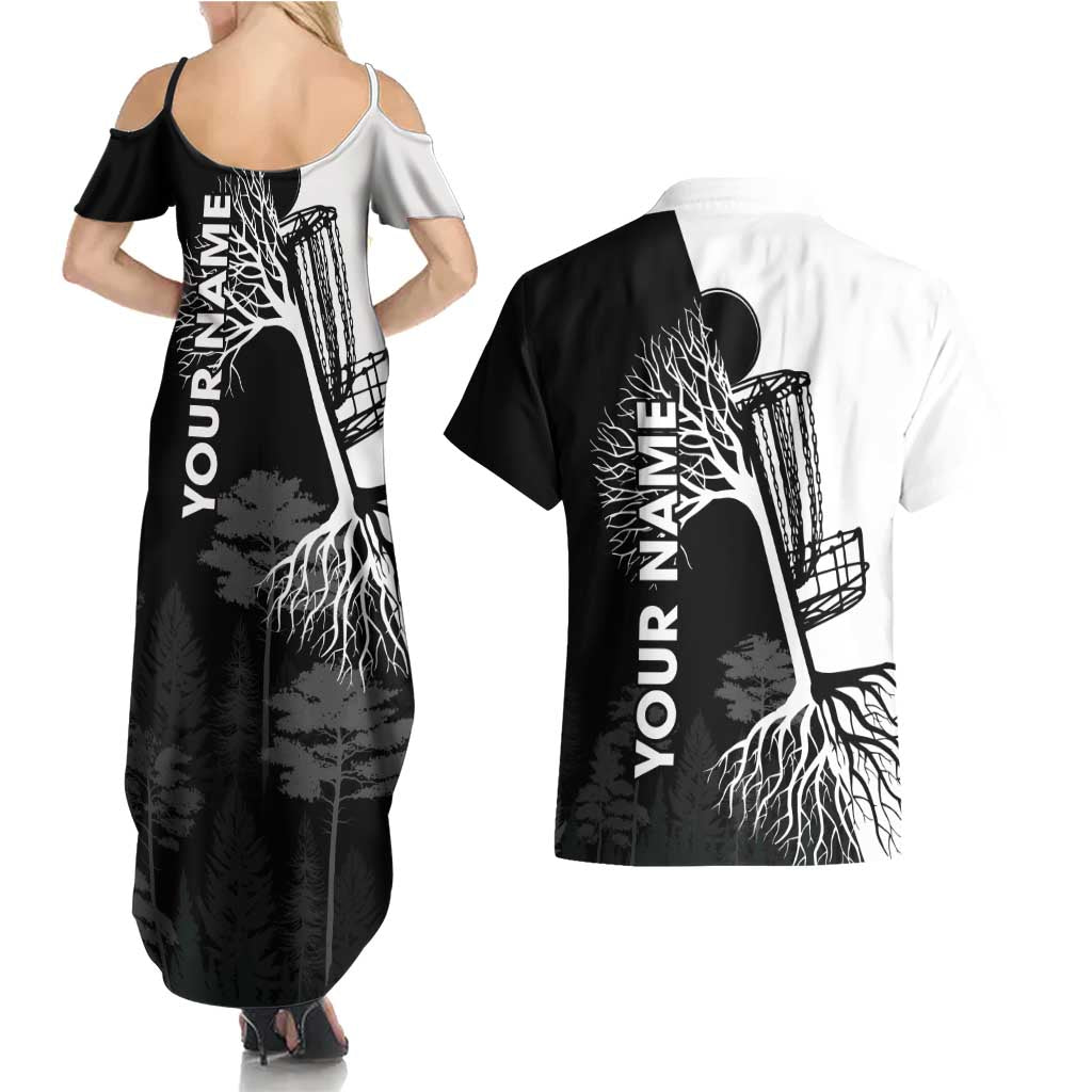 Black and White Disc Golf Tree Graphic Couples Matching Summer Maxi Dress and Hawaiian Shirt with Roots Silhouette and Custom Name Design - Wonder Print Shop
