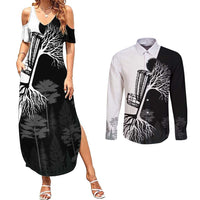 Black and White Disc Golf Tree Graphic Couples Matching Summer Maxi Dress and Long Sleeve Button Shirt with Roots Silhouette and Custom Name Design - Wonder Print Shop
