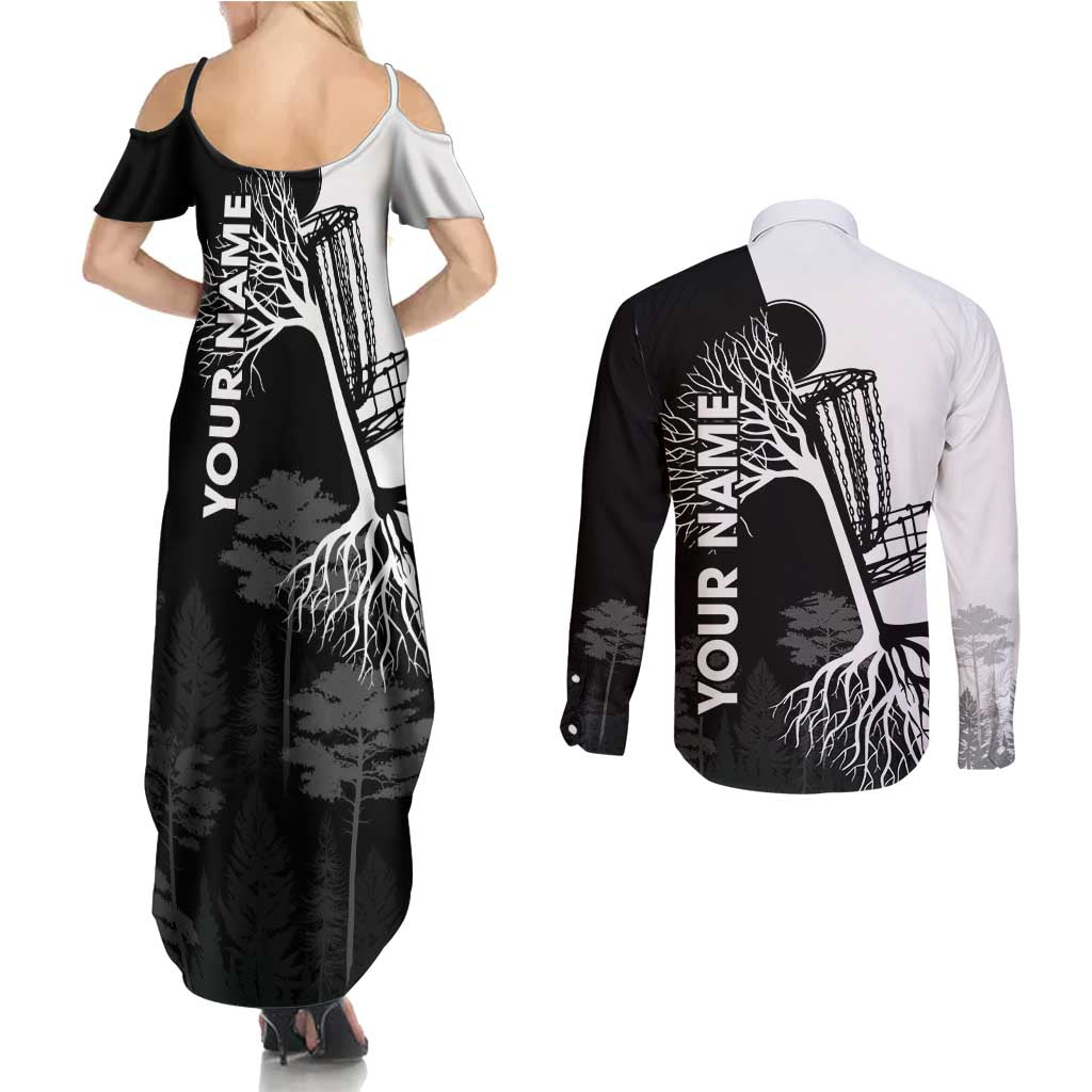 Black and White Disc Golf Tree Graphic Couples Matching Summer Maxi Dress and Long Sleeve Button Shirt with Roots Silhouette and Custom Name Design - Wonder Print Shop