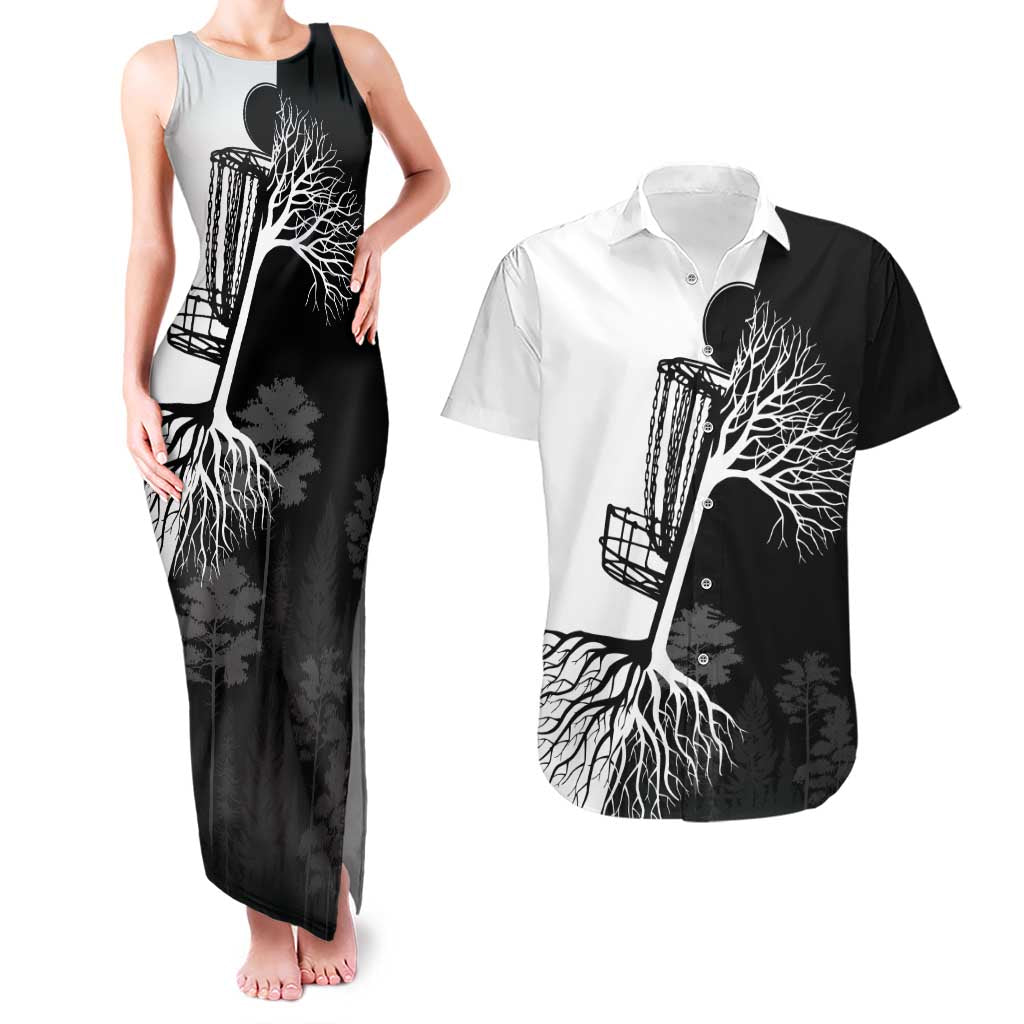 Black and White Disc Golf Tree Graphic Couples Matching Tank Maxi Dress and Hawaiian Shirt with Roots Silhouette and Custom Name Design - Wonder Print Shop