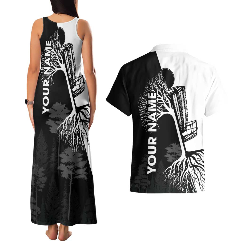 Black and White Disc Golf Tree Graphic Couples Matching Tank Maxi Dress and Hawaiian Shirt with Roots Silhouette and Custom Name Design - Wonder Print Shop
