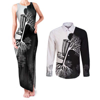 Black and White Disc Golf Tree Graphic Couples Matching Tank Maxi Dress and Long Sleeve Button Shirt with Roots Silhouette and Custom Name Design - Wonder Print Shop