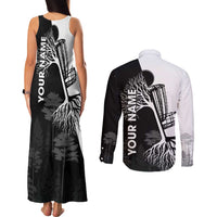 Black and White Disc Golf Tree Graphic Couples Matching Tank Maxi Dress and Long Sleeve Button Shirt with Roots Silhouette and Custom Name Design - Wonder Print Shop