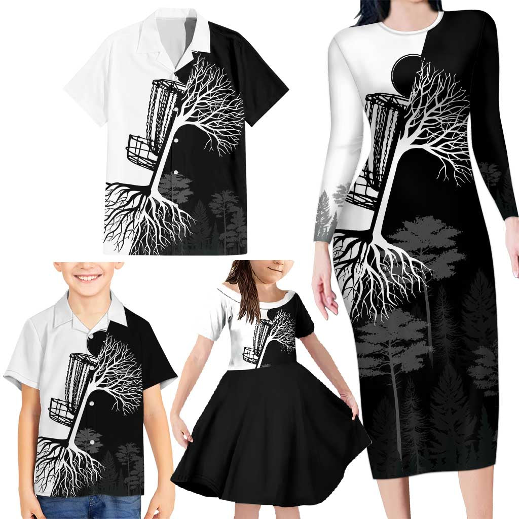 Black and White Disc Golf Tree Graphic Family Matching Long Sleeve Bodycon Dress and Hawaiian Shirt with Roots Silhouette and Custom Name Design - Wonder Print Shop