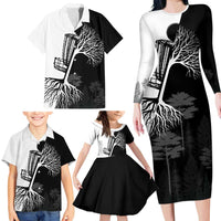 Black and White Disc Golf Tree Graphic Family Matching Long Sleeve Bodycon Dress and Hawaiian Shirt with Roots Silhouette and Custom Name Design - Wonder Print Shop