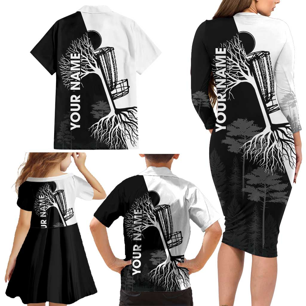 Black and White Disc Golf Tree Graphic Family Matching Long Sleeve Bodycon Dress and Hawaiian Shirt with Roots Silhouette and Custom Name Design - Wonder Print Shop