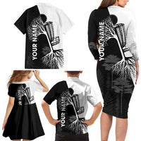 Black and White Disc Golf Tree Graphic Family Matching Long Sleeve Bodycon Dress and Hawaiian Shirt with Roots Silhouette and Custom Name Design - Wonder Print Shop