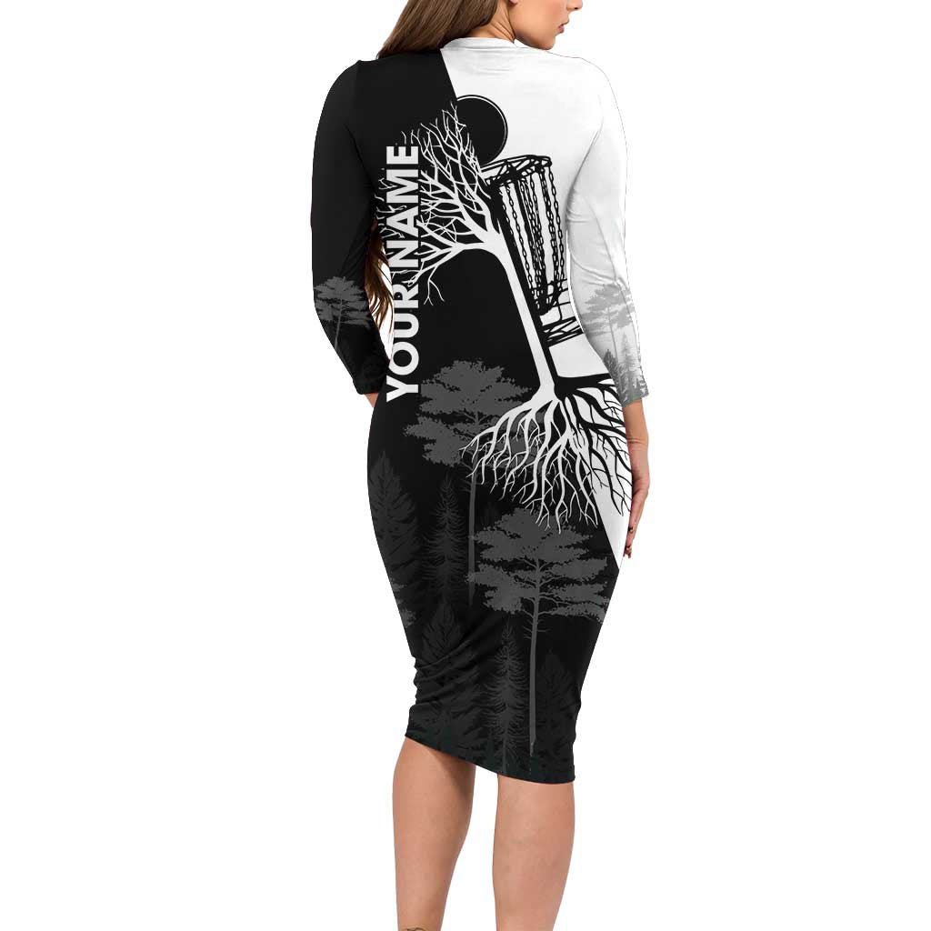 Black and White Disc Golf Tree Graphic Family Matching Long Sleeve Bodycon Dress and Hawaiian Shirt with Roots Silhouette and Custom Name Design - Wonder Print Shop