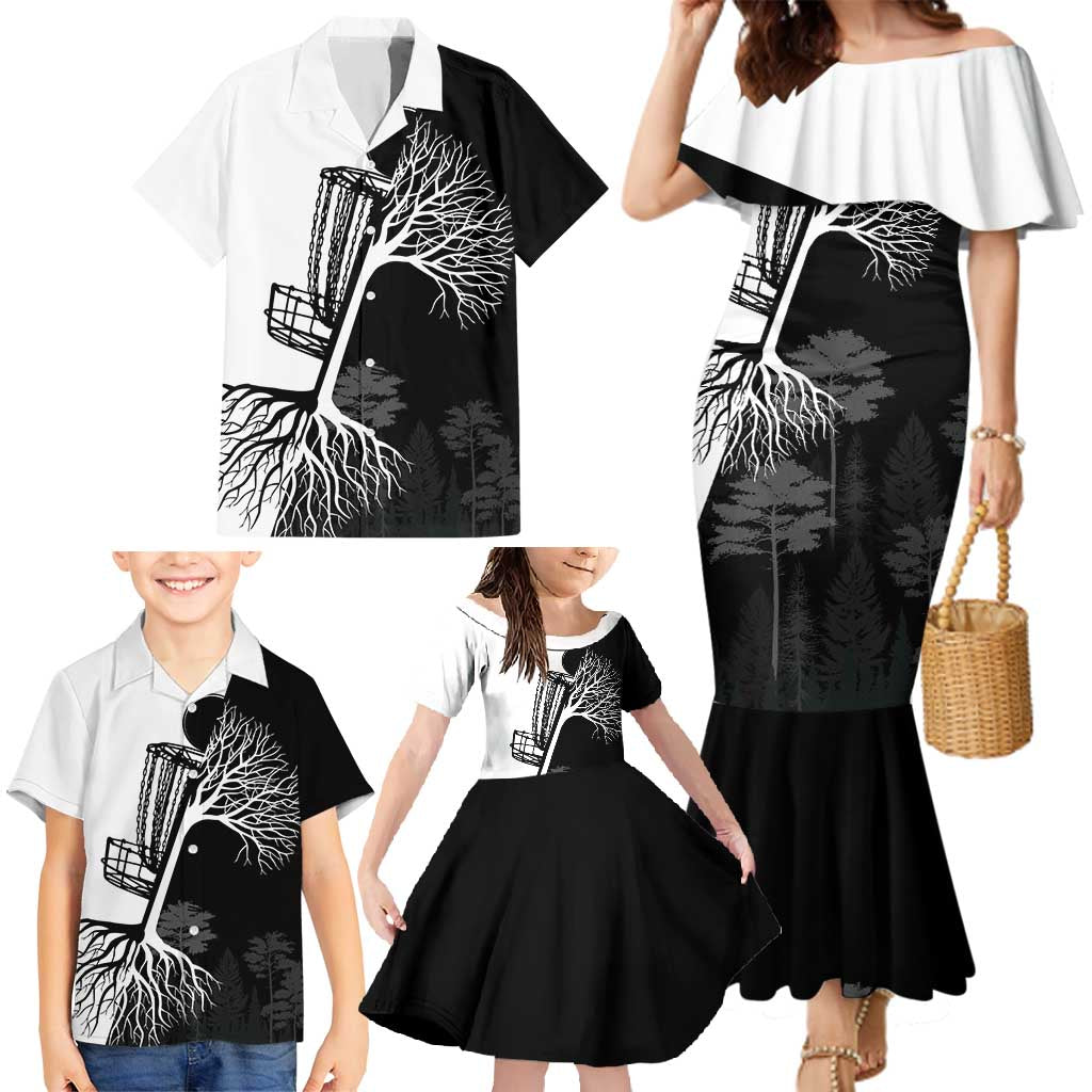 Black and White Disc Golf Tree Graphic Family Matching Mermaid Dress and Hawaiian Shirt with Roots Silhouette and Custom Name Design - Wonder Print Shop
