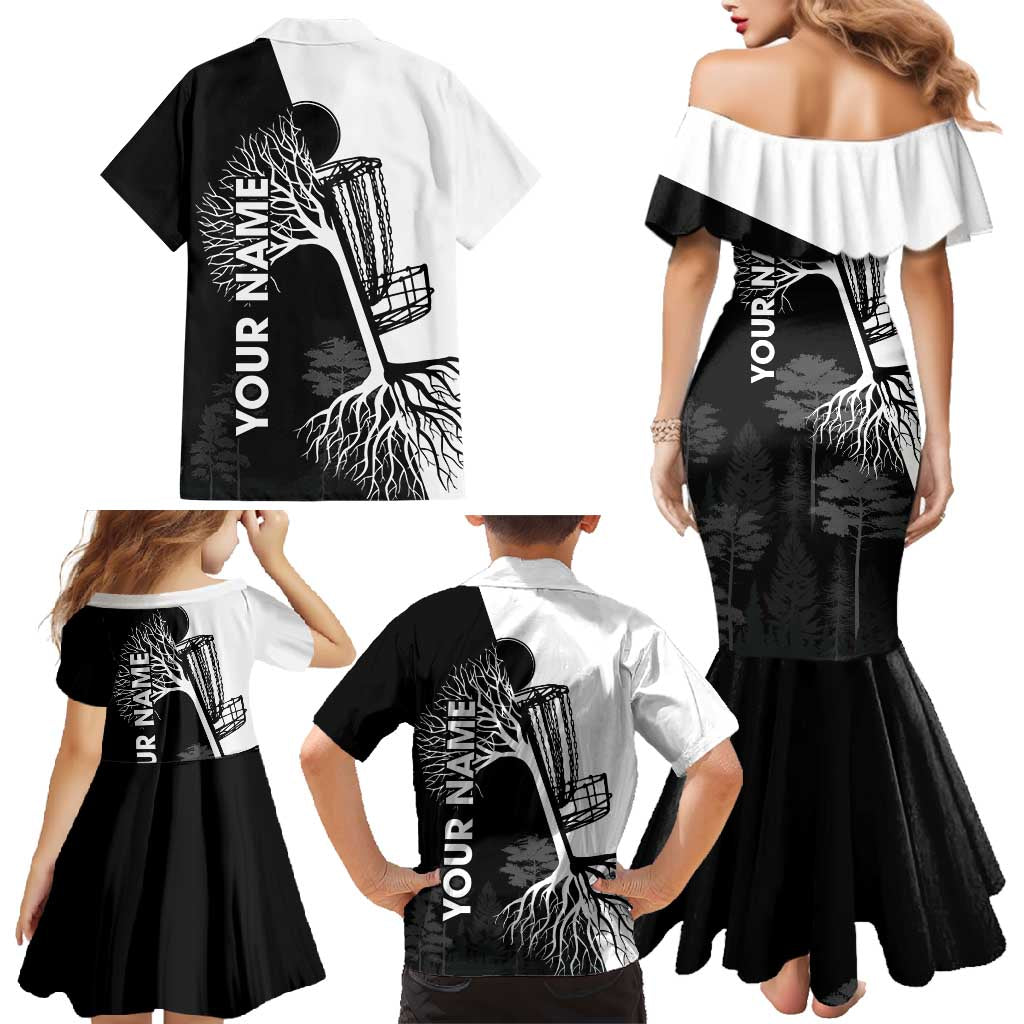 Black and White Disc Golf Tree Graphic Family Matching Mermaid Dress and Hawaiian Shirt with Roots Silhouette and Custom Name Design - Wonder Print Shop