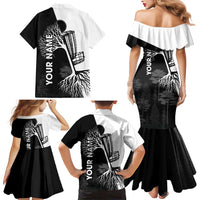Black and White Disc Golf Tree Graphic Family Matching Mermaid Dress and Hawaiian Shirt with Roots Silhouette and Custom Name Design - Wonder Print Shop