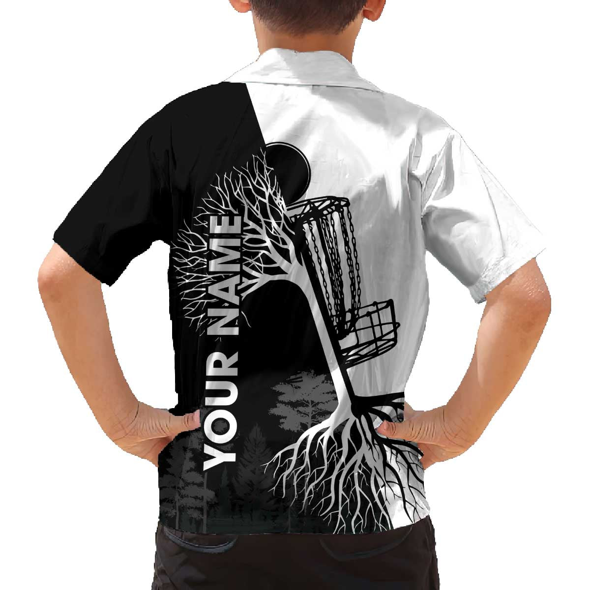 Black and White Disc Golf Tree Graphic Family Matching Off The Shoulder Long Sleeve Dress and Hawaiian Shirt with Roots Silhouette and Custom Name Design - Wonder Print Shop