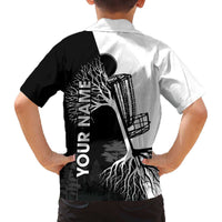 Black and White Disc Golf Tree Graphic Family Matching Off The Shoulder Long Sleeve Dress and Hawaiian Shirt with Roots Silhouette and Custom Name Design - Wonder Print Shop