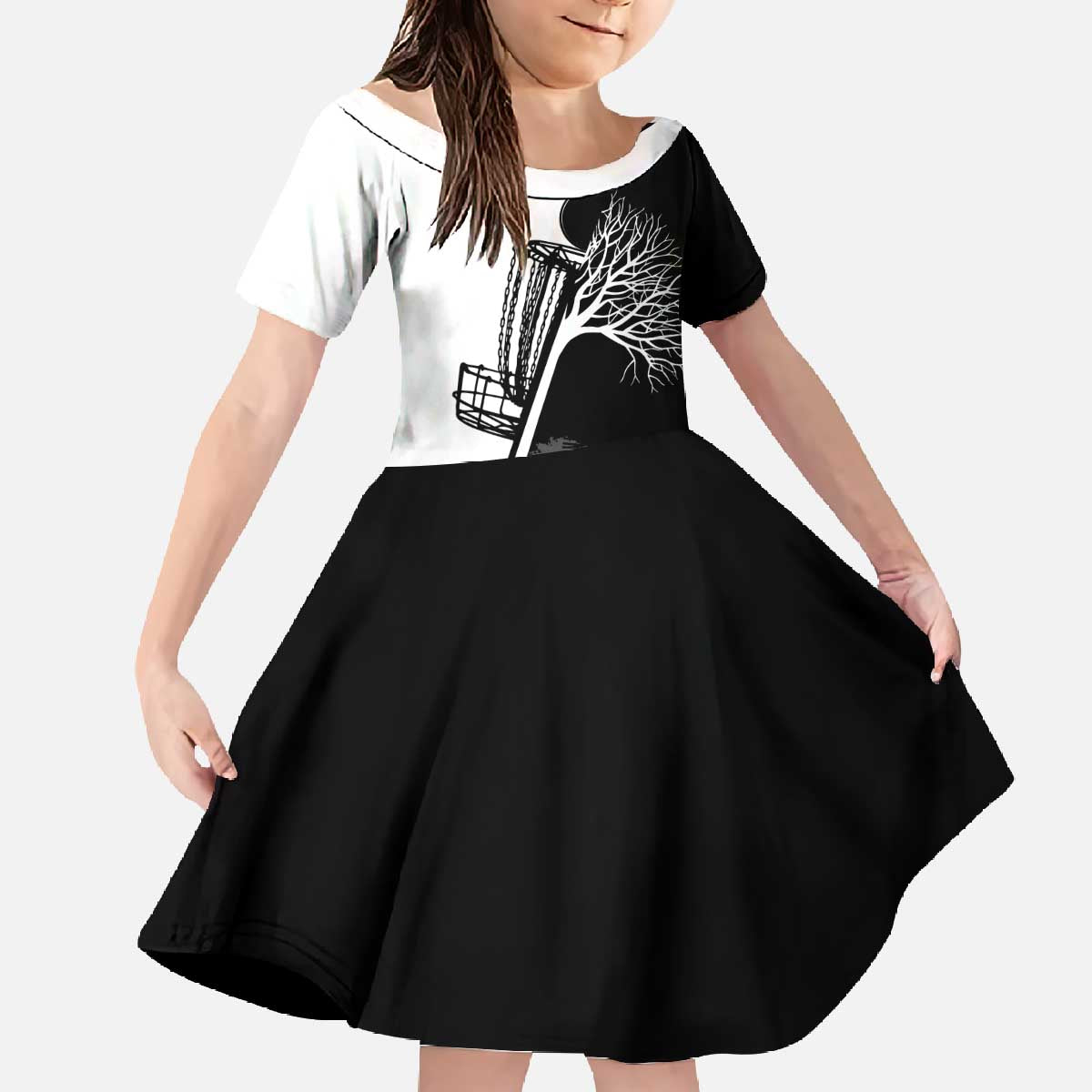 Black and White Disc Golf Tree Graphic Family Matching Off The Shoulder Long Sleeve Dress and Hawaiian Shirt with Roots Silhouette and Custom Name Design - Wonder Print Shop