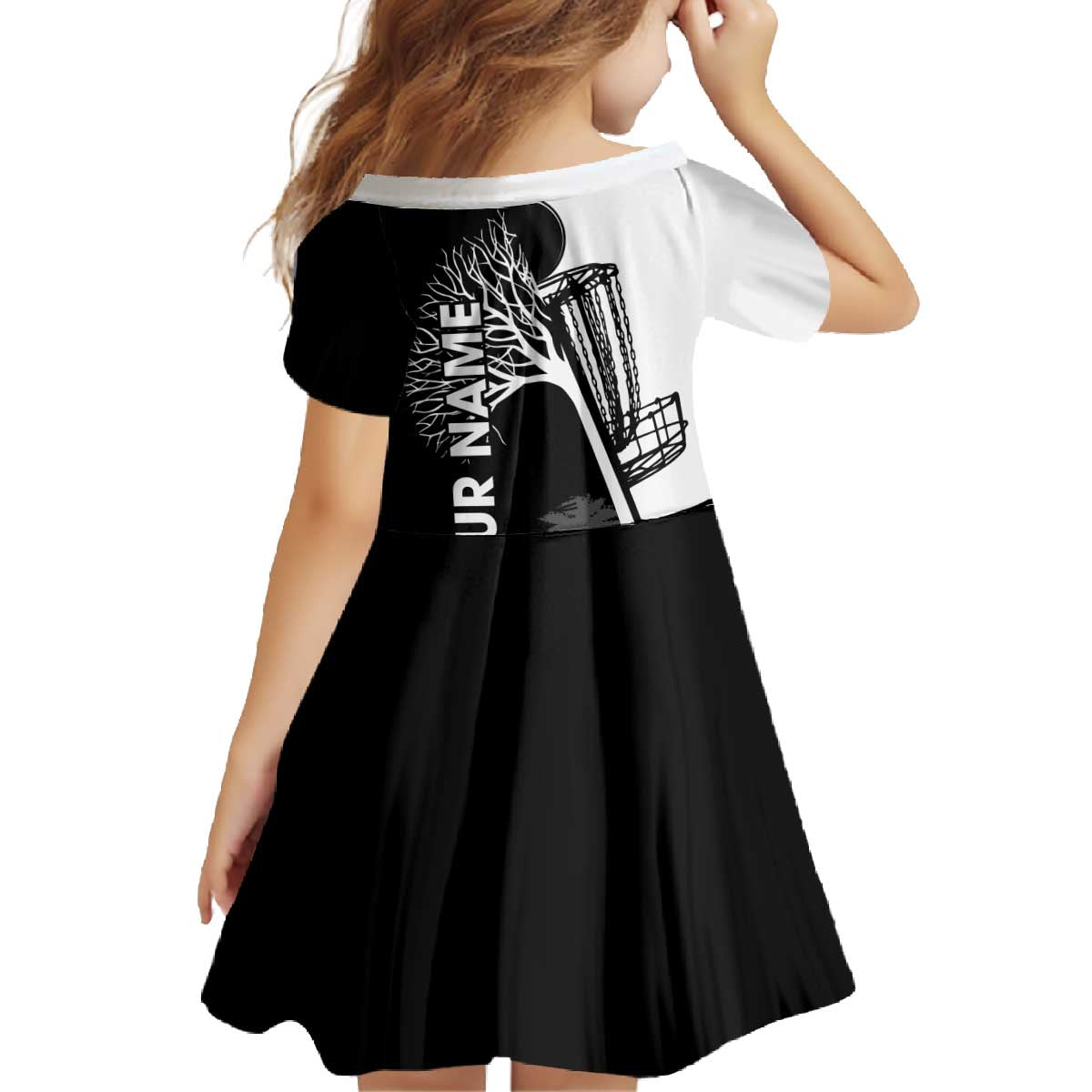 Black and White Disc Golf Tree Graphic Family Matching Off The Shoulder Long Sleeve Dress and Hawaiian Shirt with Roots Silhouette and Custom Name Design - Wonder Print Shop