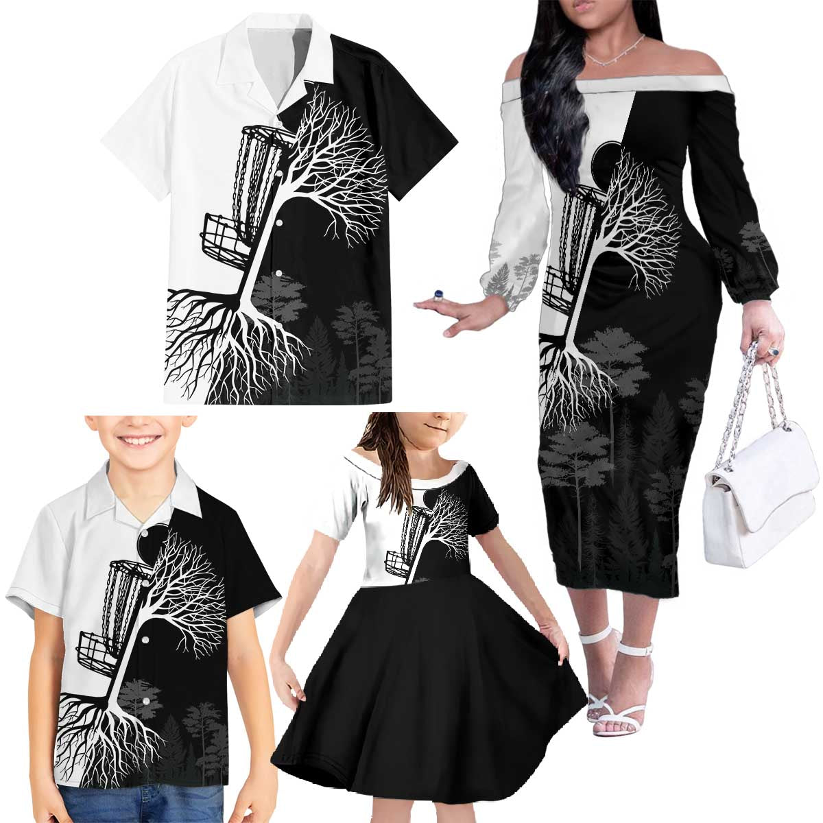Black and White Disc Golf Tree Graphic Family Matching Off The Shoulder Long Sleeve Dress and Hawaiian Shirt with Roots Silhouette and Custom Name Design - Wonder Print Shop