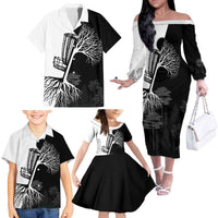 Black and White Disc Golf Tree Graphic Family Matching Off The Shoulder Long Sleeve Dress and Hawaiian Shirt with Roots Silhouette and Custom Name Design - Wonder Print Shop
