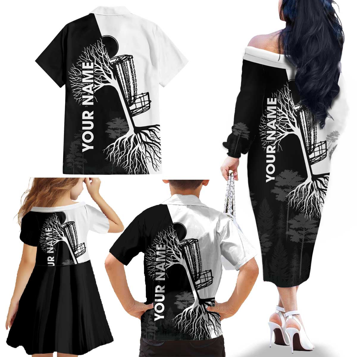 Black and White Disc Golf Tree Graphic Family Matching Off The Shoulder Long Sleeve Dress and Hawaiian Shirt with Roots Silhouette and Custom Name Design - Wonder Print Shop