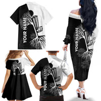 Black and White Disc Golf Tree Graphic Family Matching Off The Shoulder Long Sleeve Dress and Hawaiian Shirt with Roots Silhouette and Custom Name Design - Wonder Print Shop