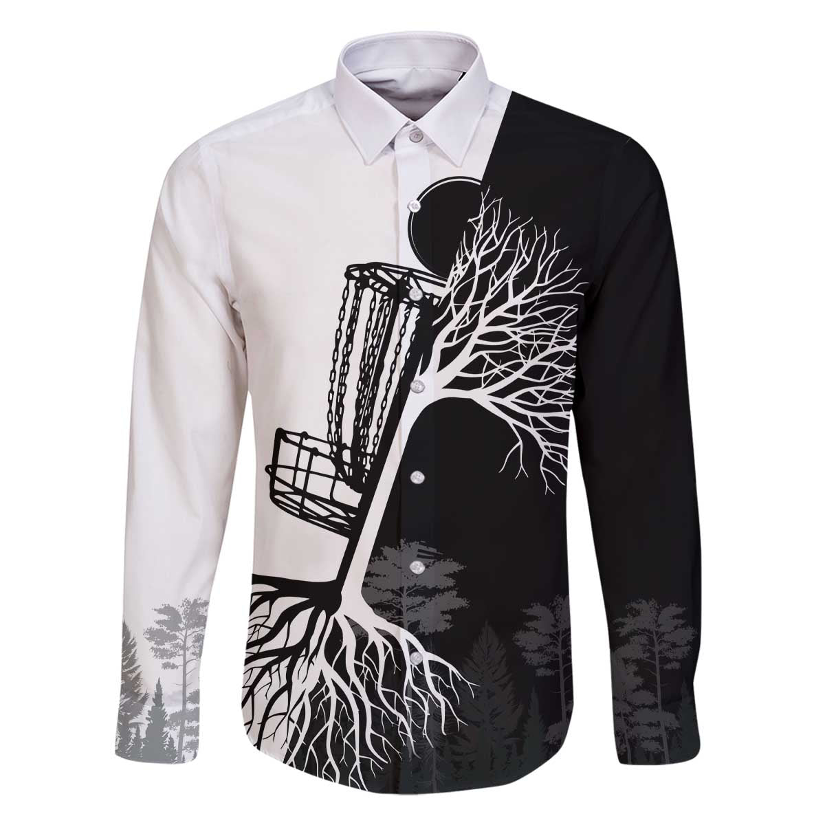Black and White Disc Golf Tree Graphic Family Matching Off The Shoulder Long Sleeve Dress and Hawaiian Shirt with Roots Silhouette and Custom Name Design - Wonder Print Shop