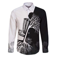 Black and White Disc Golf Tree Graphic Family Matching Off The Shoulder Long Sleeve Dress and Hawaiian Shirt with Roots Silhouette and Custom Name Design - Wonder Print Shop