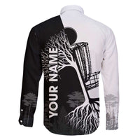 Black and White Disc Golf Tree Graphic Family Matching Off The Shoulder Long Sleeve Dress and Hawaiian Shirt with Roots Silhouette and Custom Name Design - Wonder Print Shop