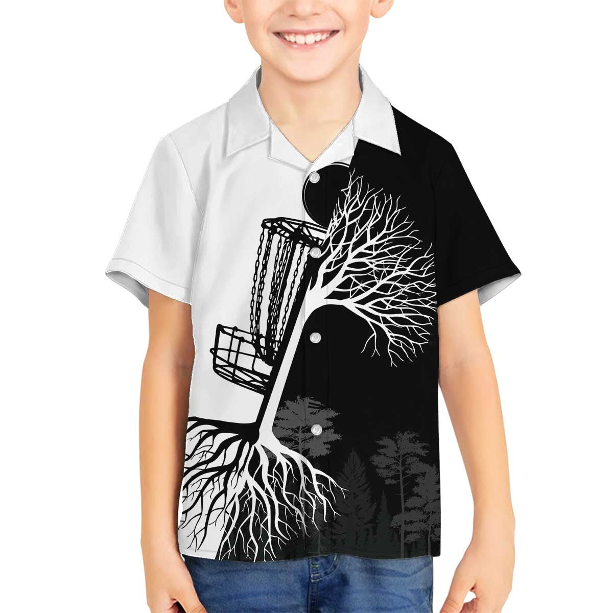 Black and White Disc Golf Tree Graphic Family Matching Off The Shoulder Long Sleeve Dress and Hawaiian Shirt with Roots Silhouette and Custom Name Design - Wonder Print Shop