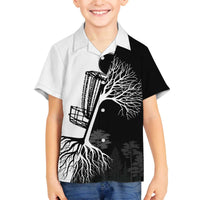 Black and White Disc Golf Tree Graphic Family Matching Off The Shoulder Long Sleeve Dress and Hawaiian Shirt with Roots Silhouette and Custom Name Design - Wonder Print Shop