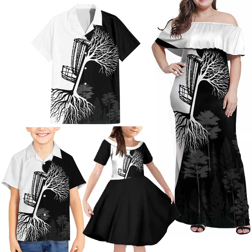 Black and White Disc Golf Tree Graphic Family Matching Off Shoulder Maxi Dress and Hawaiian Shirt with Roots Silhouette and Custom Name Design - Wonder Print Shop