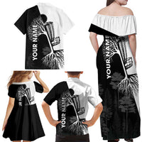 Black and White Disc Golf Tree Graphic Family Matching Off Shoulder Maxi Dress and Hawaiian Shirt with Roots Silhouette and Custom Name Design - Wonder Print Shop
